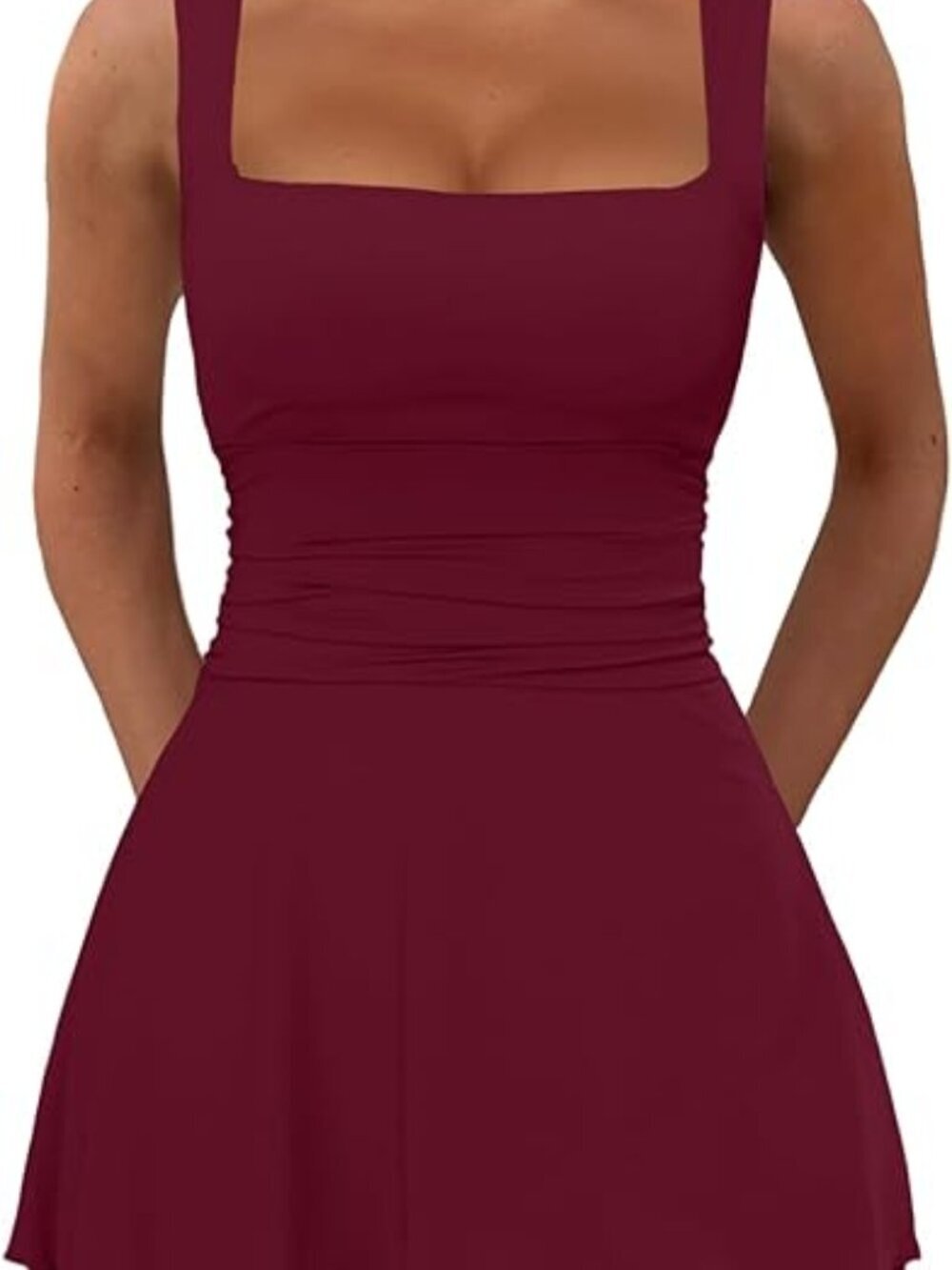 Women's Burgundy Ruffle Hem Square Neck Sleeveless Ruched Waist Mini Dress